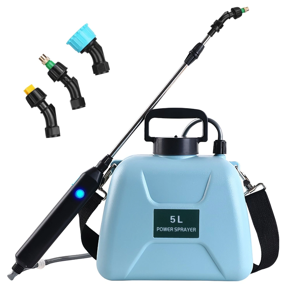 Blue 5L power sprayer with adjustable nozzle attachments and a long spray wand, ideal for gardening and cleaning tasks.