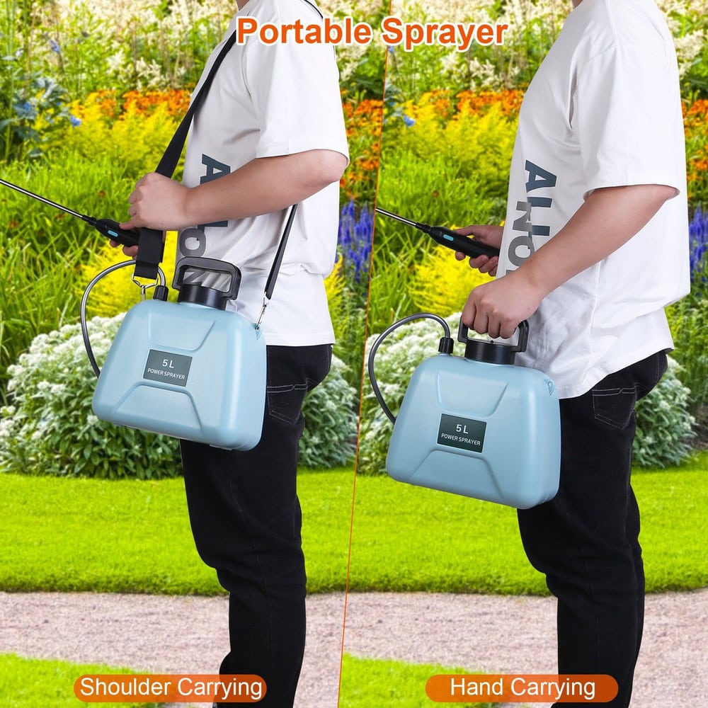 Portable 5L power sprayer shown with a person demonstrating shoulder and hand carrying options in a vibrant garden setting.