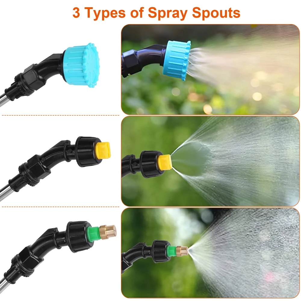 Image showcasing a versatile garden hose nozzle with three types of spray spouts: a blue fan spray, a yellow jet spray, and a green mist spray, ideal for various watering needs in gardening and outdoor maintenance.