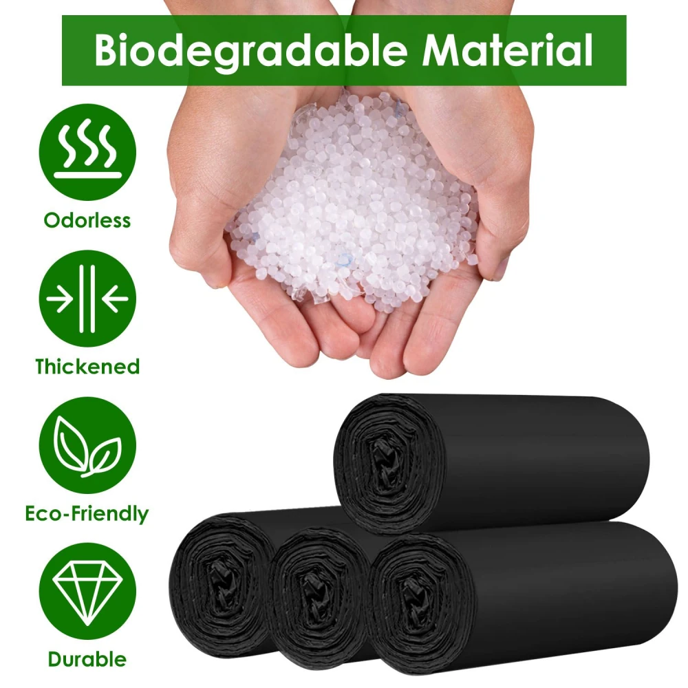Hands holding biodegradable material pellets with rolled black eco-friendly garbage bags, highlighting odorless, thickened, and durable features.