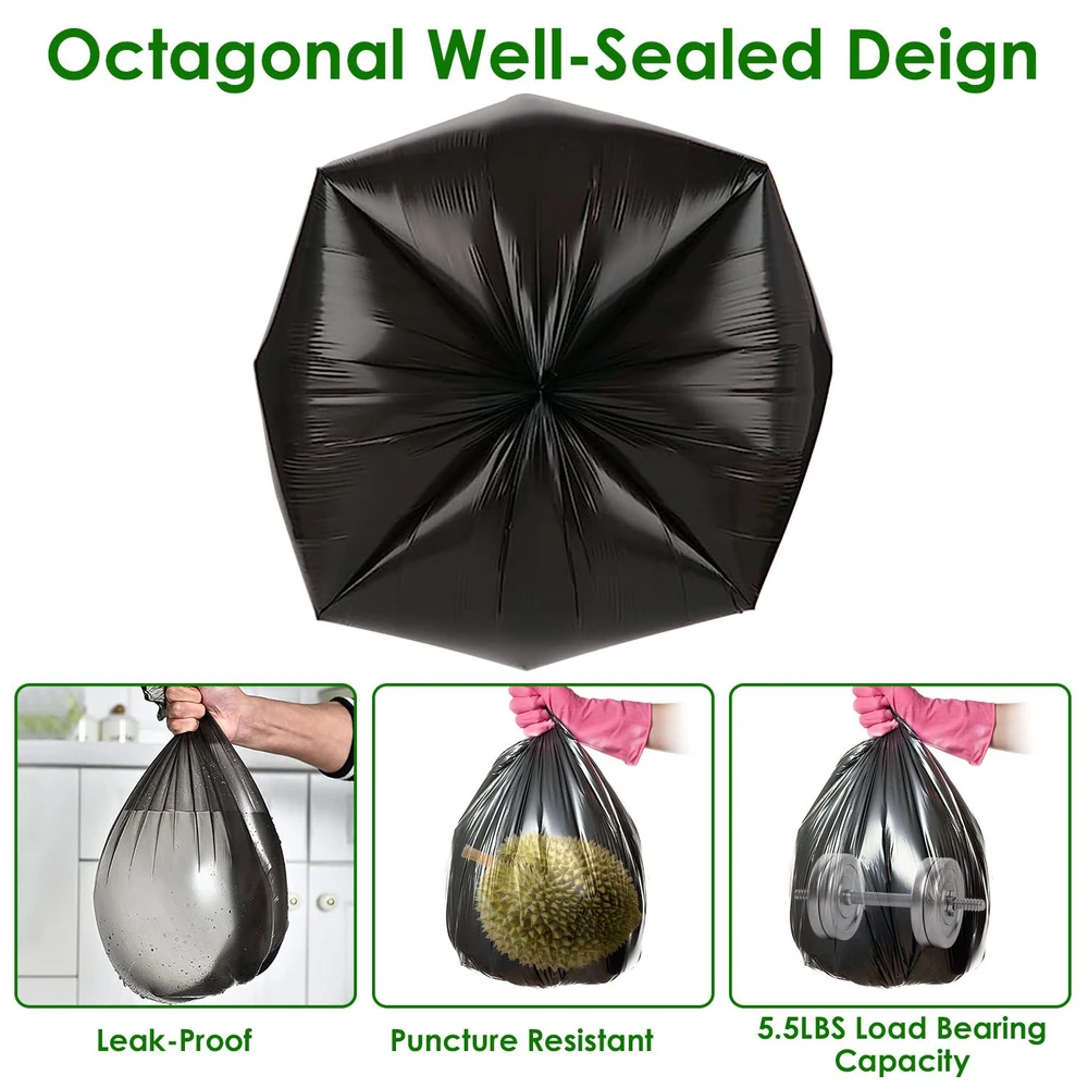 Black octagonal garbage bag designed for maximum strength and durability, featuring leak-proof and puncture-resistant qualities, with a load-bearing capacity of 5.5 lbs, ideal for heavy waste disposal.