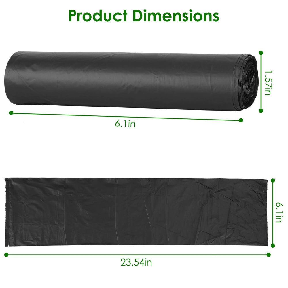 Black plastic roll and sheet dimensions, measuring 6.1 inches wide by 1.57 inches diameter for the roll, and 23.54 inches long for the sheet.