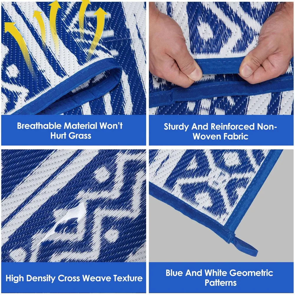 Image showcasing a breathable blue and white patterned outdoor mat with highlighted features including non-woven fabric, high-density cross weave texture, and grass-safe material.