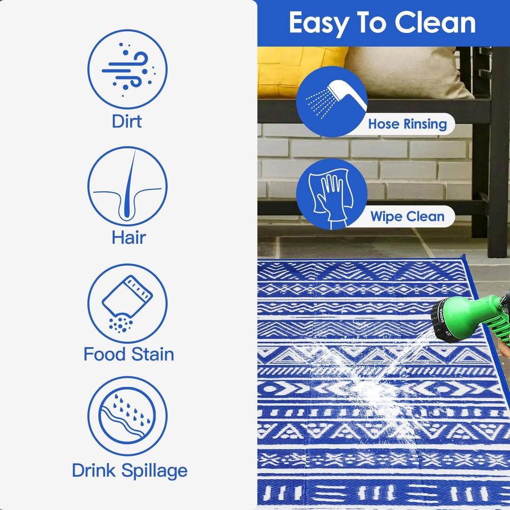 Easy-to-clean blue patterned outdoor rug, demonstrating cleaning methods for dirt, hair, food stains, and drink spills, with an image showing hose rinsing and wiping clean.