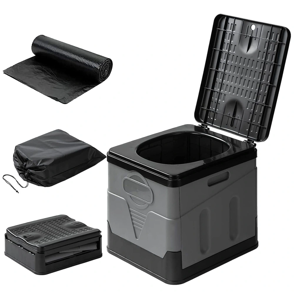 Portable camping toilet with collapsible design, black waste bag roll, and storage bag for easy transport and convenience.