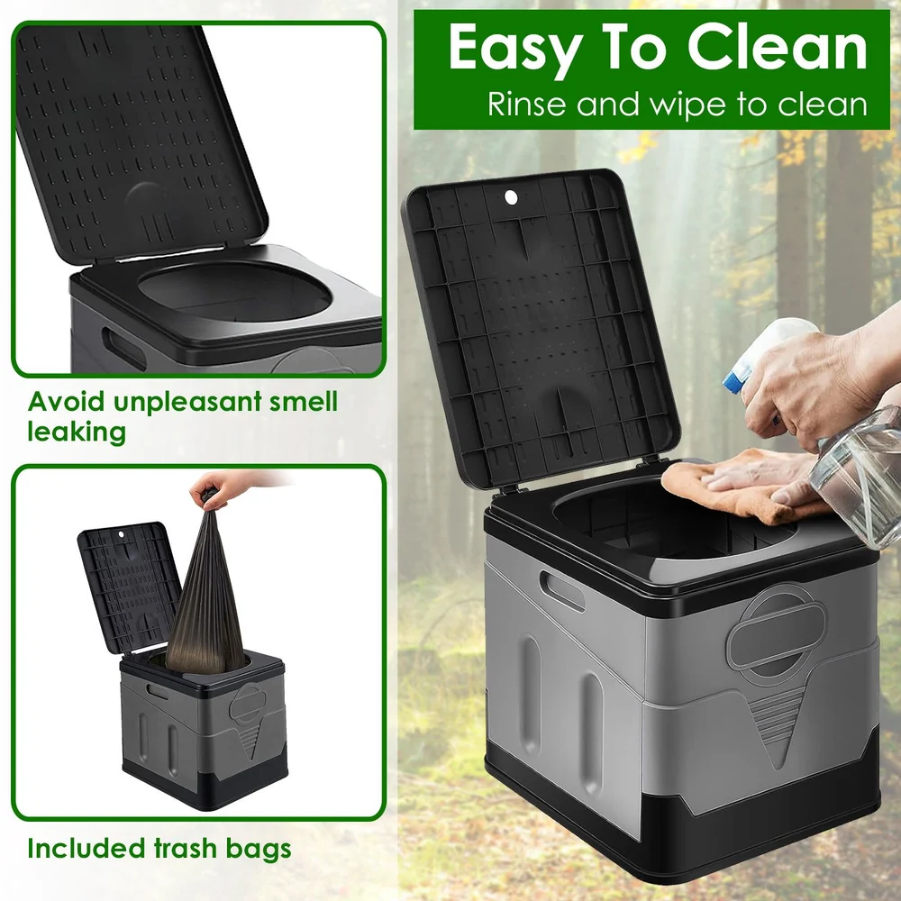 Portable outdoor toilet with an easy-to-clean design, showcasing an open lid and a hand demonstrating cleaning; features include odor prevention and included trash bags for convenience.