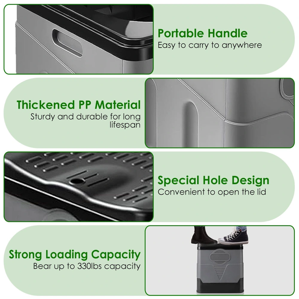 Durable gray storage container featuring a portable handle, thickened PP material, convenient hole design for easy lid access, and a strong loading capacity of up to 330lbs.