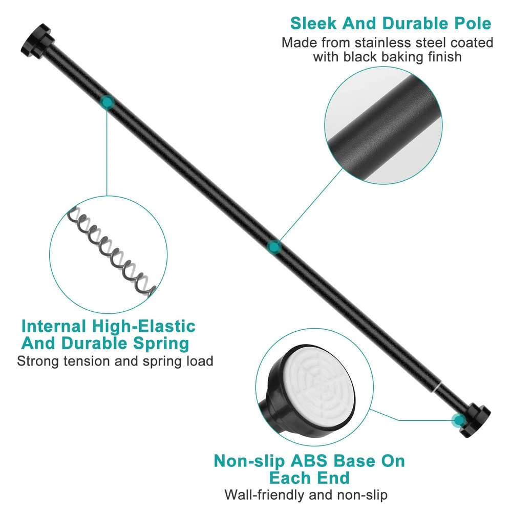 Black stainless steel tension rod with high-elastic spring and non-slip rubber ends for secure wall use.