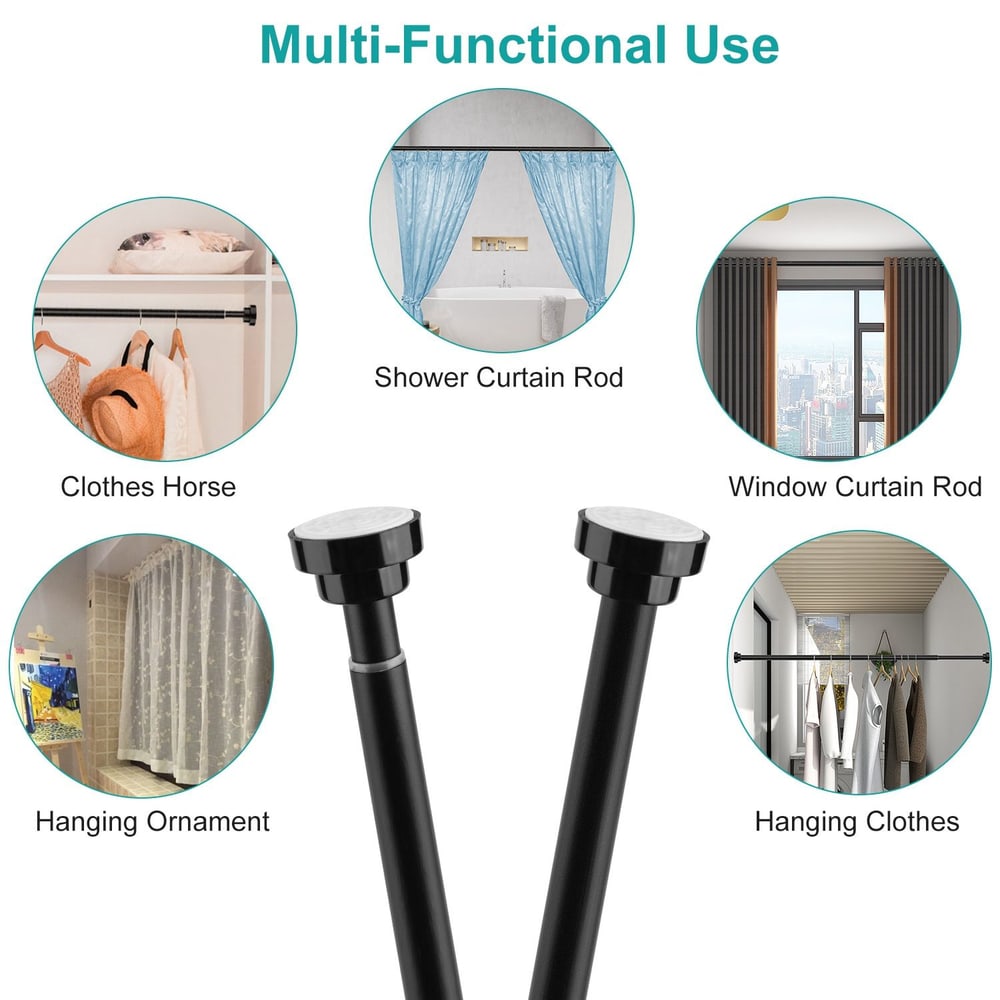 Multi-functional black curtain rod with different applications, including hanging shower curtains, window curtains, clothes, and decorative ornaments.