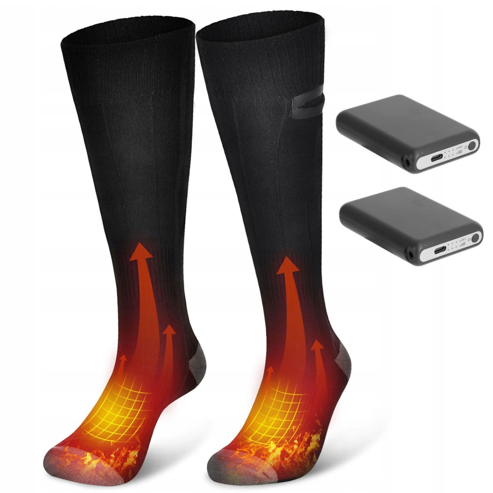 Thermal heated socks in black with red heating design, paired with two portable battery packs for warmth, ideal for outdoor activities in cold weather.
