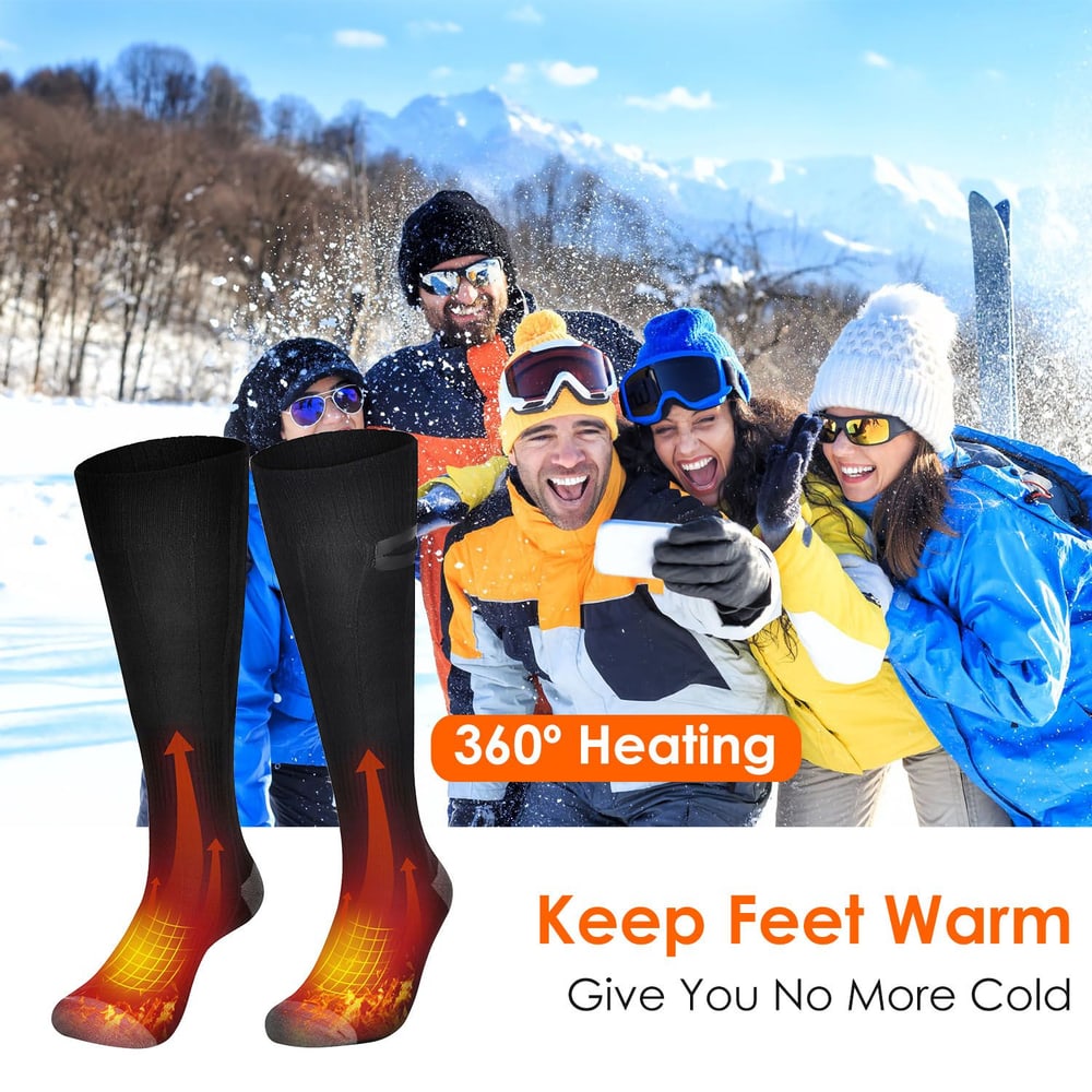 Thermal heated socks designed to keep feet warm in cold weather, featuring 360-degree heating technology, with a snowy outdoor scene and happy friends enjoying winter activities in the background.