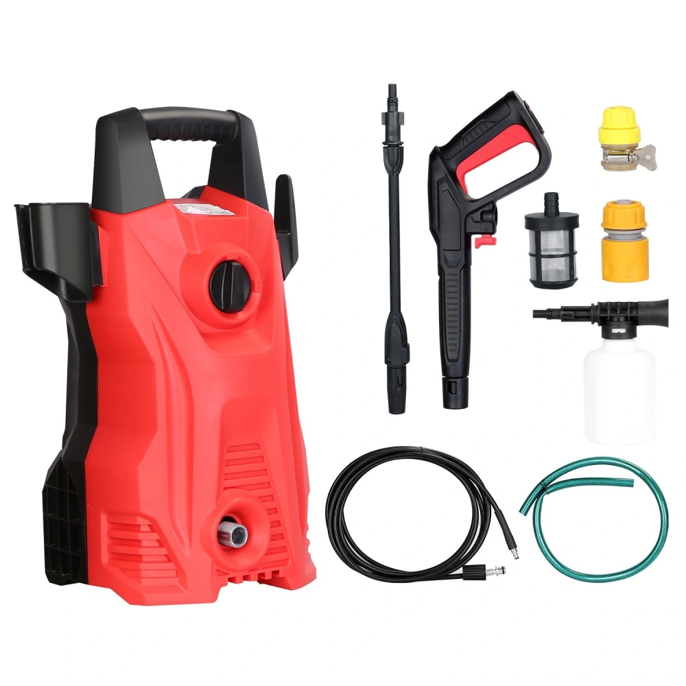 Electric pressure washer kit in red color, including the main unit, spray gun, hose, and various accessories for efficient cleaning.