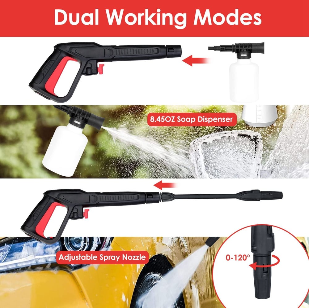 High-pressure adjustable spray gun with 8.45oz soap dispenser, featuring dual working modes and a nozzle that adjusts from 0 to 120 degrees for versatile cleaning applications.