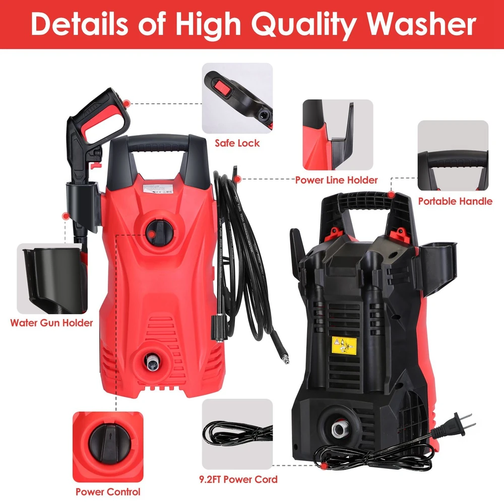 High-quality red and black pressure washer showcasing its features including a water gun holder, power control knob, safe lock, and portable handle for easy mobility.