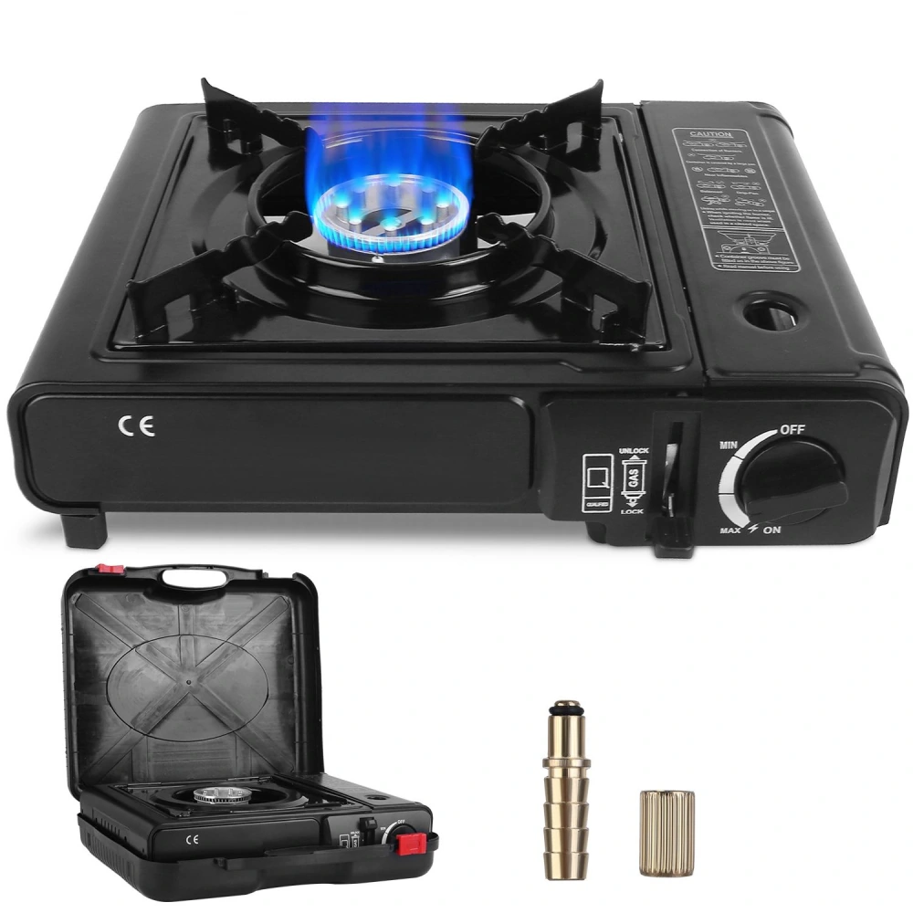 Portable gas stove with adjustable flame, featuring a black design and included carrying case and adapters for camping or outdoor cooking.
