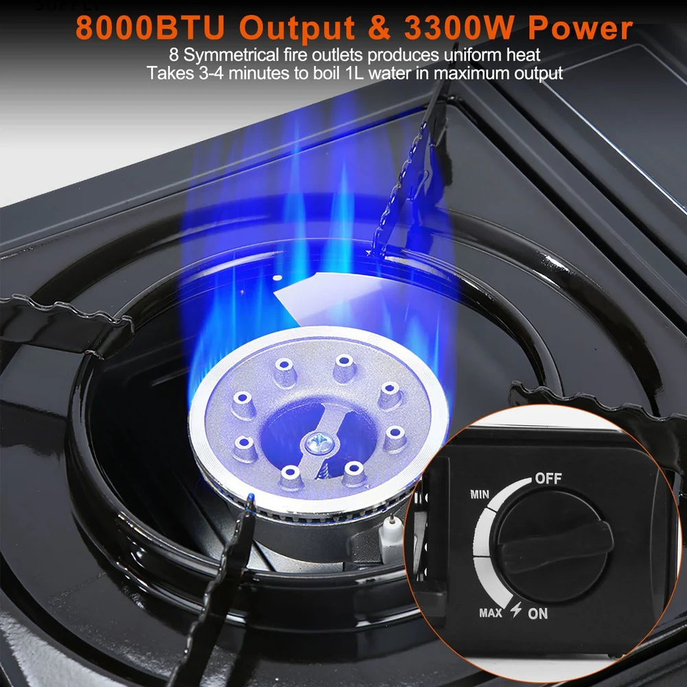 High-efficiency gas stove burner with 8000 BTU output and 3300W power, featuring symmetrical fire outlets for uniform heat and a control knob indicating off and maximum settings.