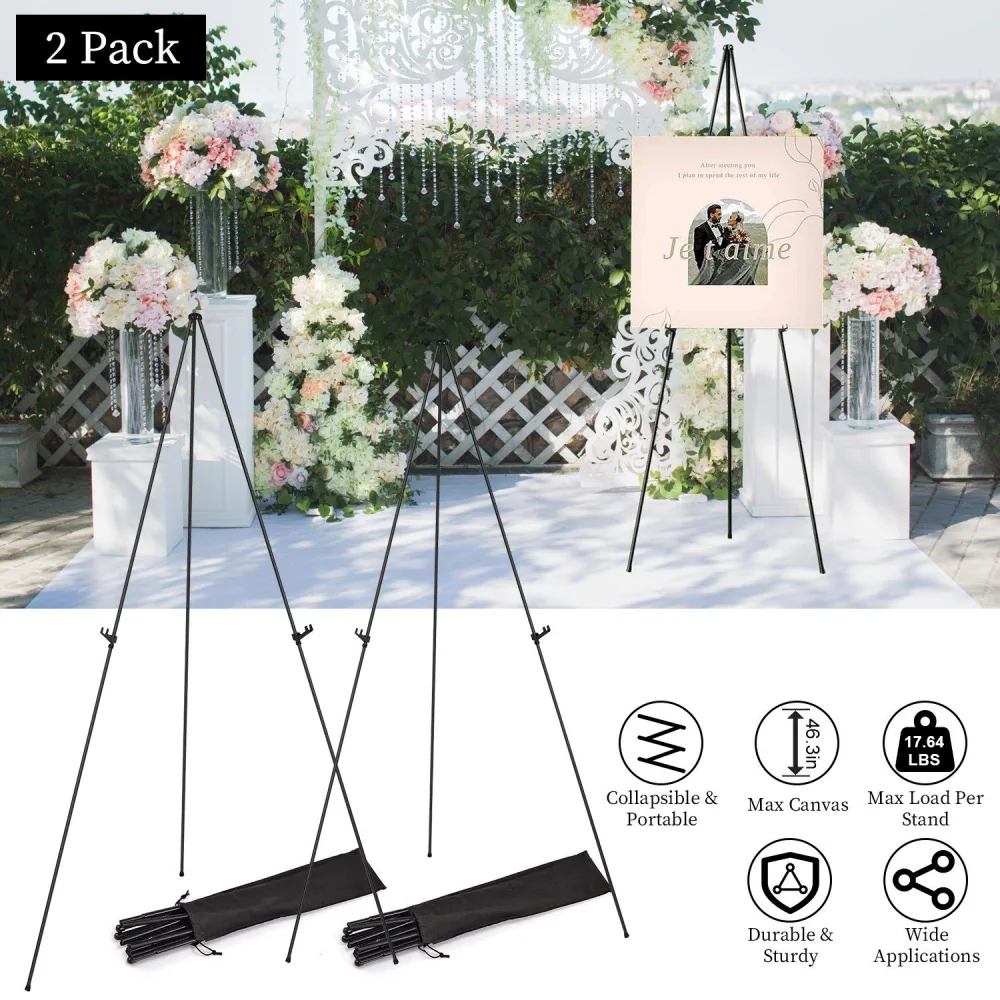 Collapsible and portable black display easels for events, weddings, and presentations, featuring a maximum load capacity of 17.64 lbs, sold in a 2 pack, with user-friendly design and easy transport.