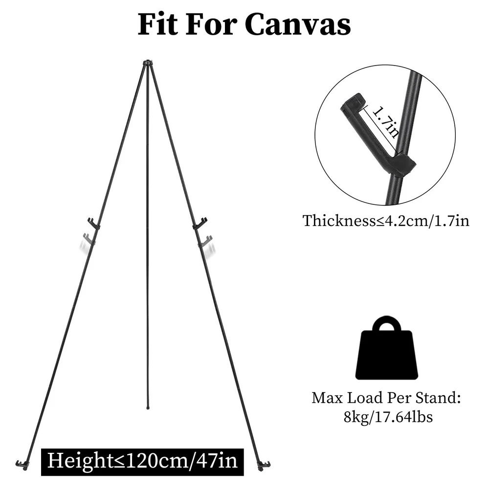 Black tripod easel suitable for canvas art display, featuring a maximum height of 47 inches, supports up to 17.64 lbs, and includes adjustable hooks for easy canvas mounting.