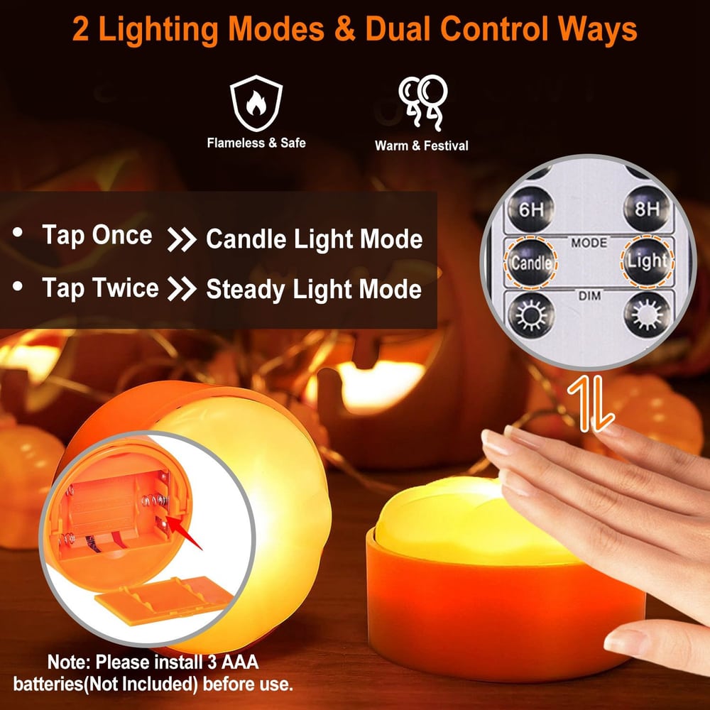 Flameless LED candle with dual control, featuring candle light and steady light modes, showcasing battery compartment and touch activation, ideal for warm and festive occasions.