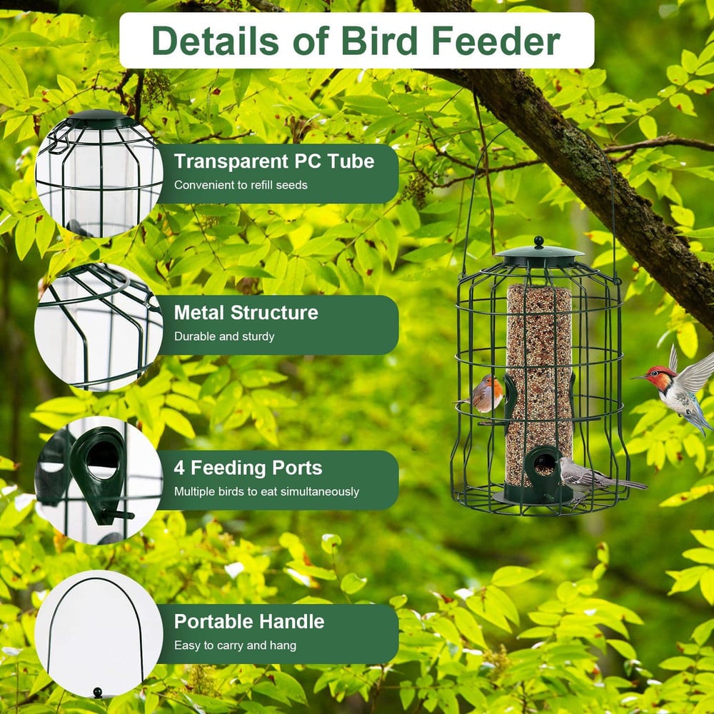 Durable bird feeder with transparent PC tube, metal structure, four feeding ports for multiple birds, and a portable handle, set against a vibrant green background of leaves.