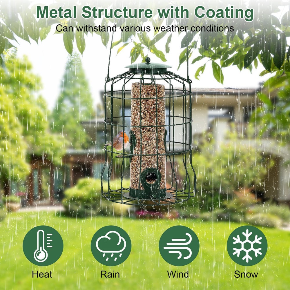 Metal bird feeder with a coated structure, designed to withstand heat, rain, wind, and snow, showcasing a colorful bird feeding inside it in a rainy garden setting.