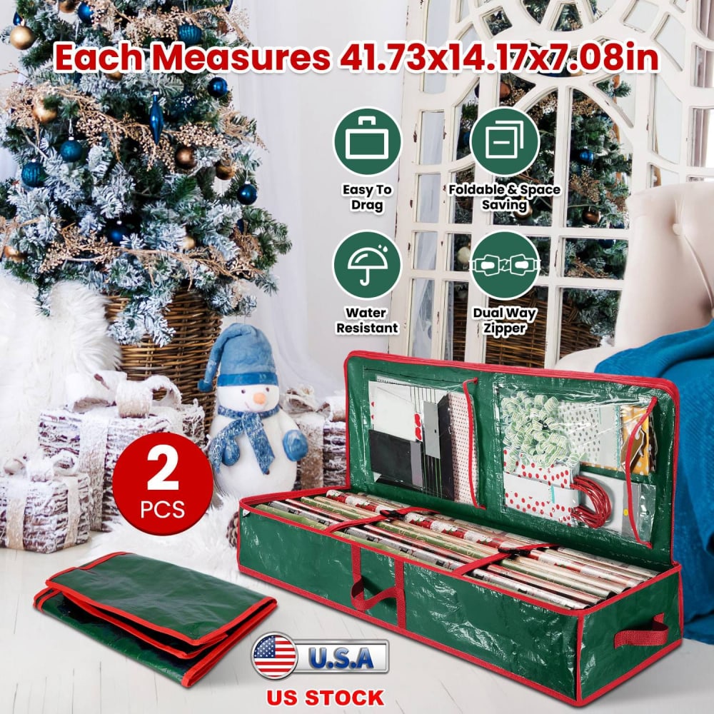 Green holiday gift wrap storage bag set with dual zippers and handles, measuring 41.73 x 14.17 x 7.08 inches, perfect for organizing wrapping paper and accessories, featuring a water-resistant material, against a festive Christmas background with a tree and snowman.