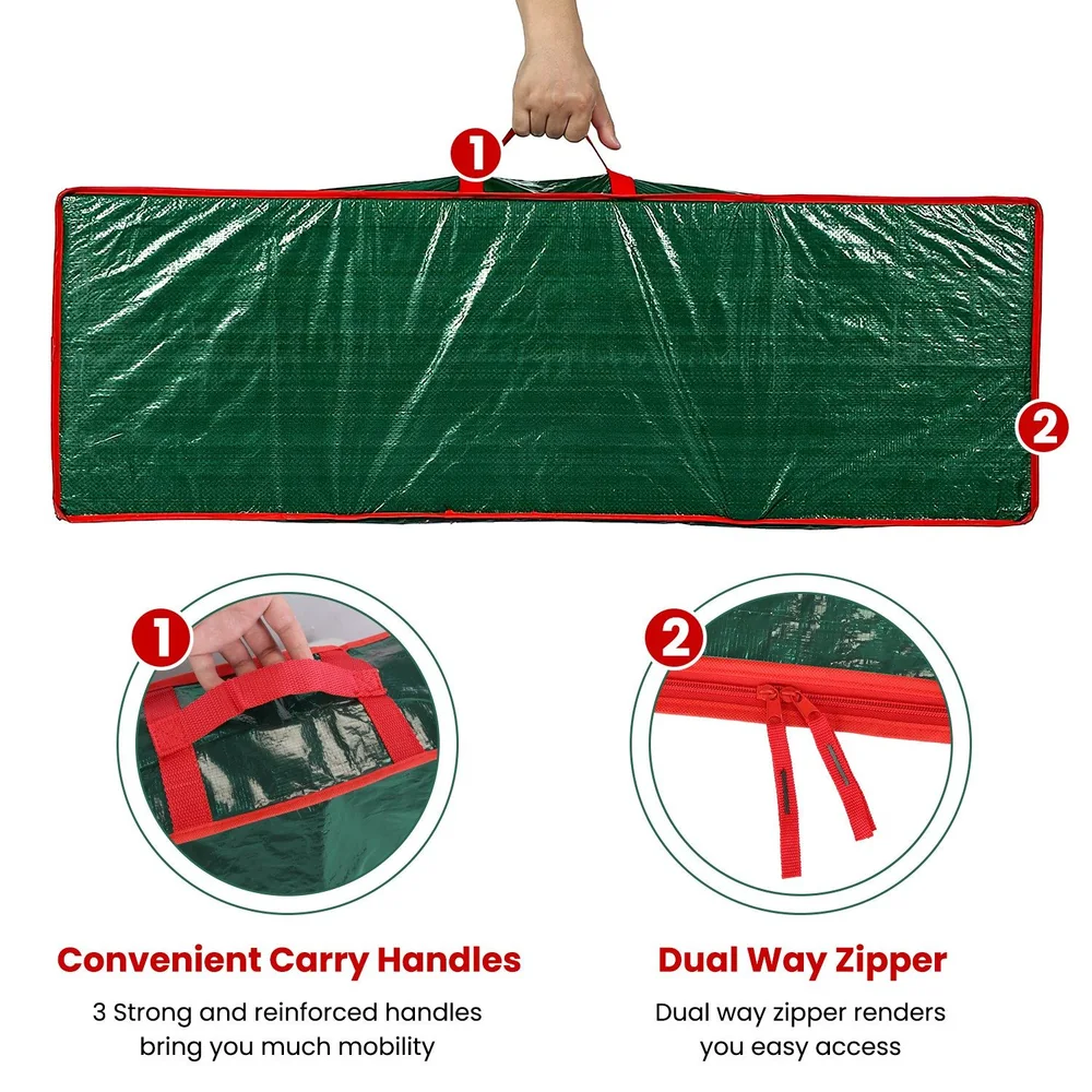 Green storage bag with red trim and carrying handles, featuring dual way zipper for easy access, perfect for organized storage.