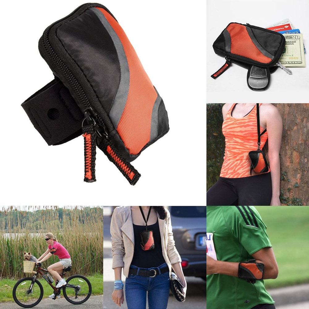 Compact black and orange multifunctional pouch with zipper, ideal for secure storage of essentials like keys and cash, showcased in various outdoor and sporty settings.