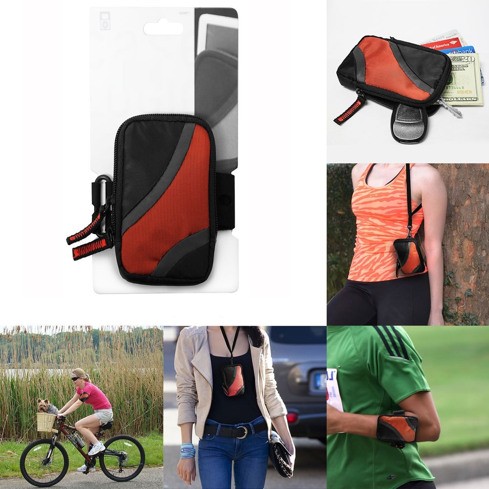 Compact red and black multifunctional pouch with a zipper, designed for outdoor activities, featuring a hand strap and belt attachment, ideal for carrying essentials like keys, cash, and cards.