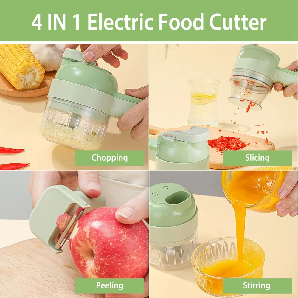 4 in 1 electric food cutter featuring chopping, slicing, peeling, and stirring functions, designed for easy food preparation in a stylish green color.