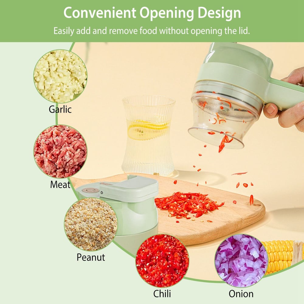 Convenient food chopper with a clear container, displaying chopped garlic, meat, peanuts, chili, and onion, illustrating easy food addition without opening the lid.