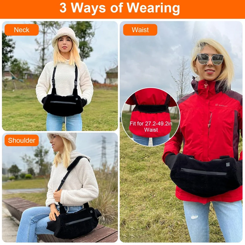 Versatile black carrier bag shown in multiple wearing styles: around the neck, waist, and shoulder, suitable for various sizes from 27.2 to 49.2 inches, designed for comfort and convenience.