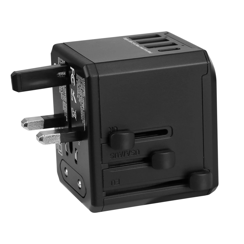 Compact universal travel adapter with multiple plug options and USB ports, designed for international use, in sleek black color.