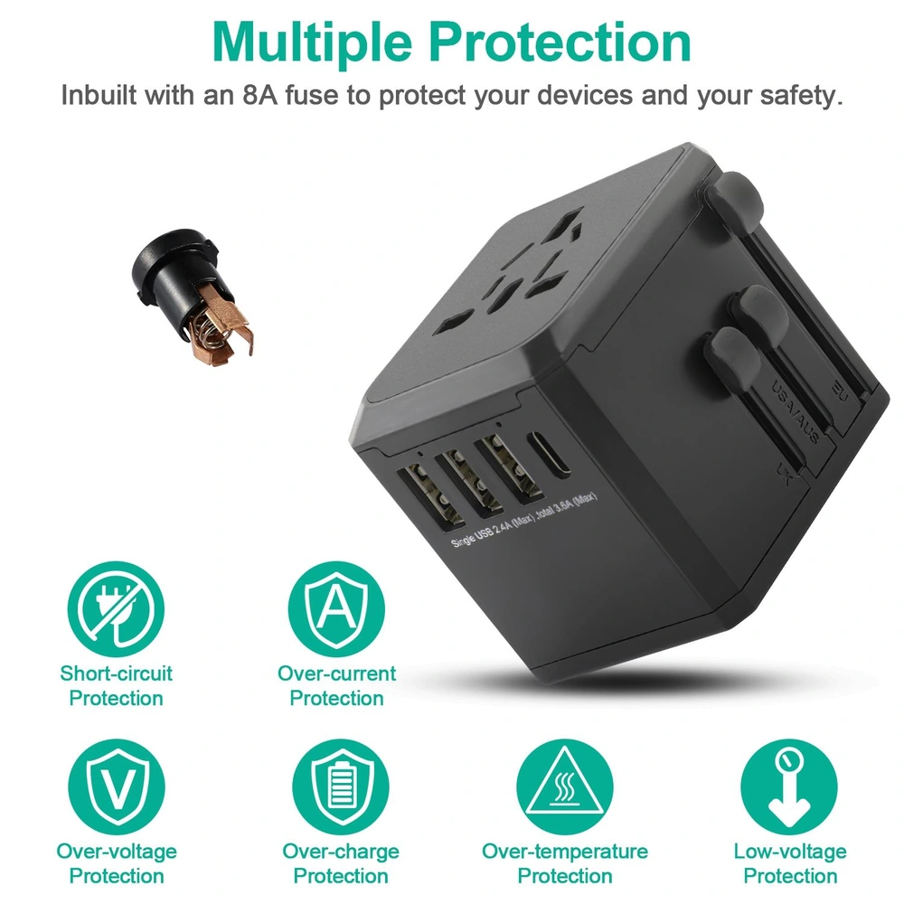 Universal travel adapter with four USB ports and safety features like short-circuit, over-current, over-voltage, and temperature protection, ideal for charging devices worldwide.