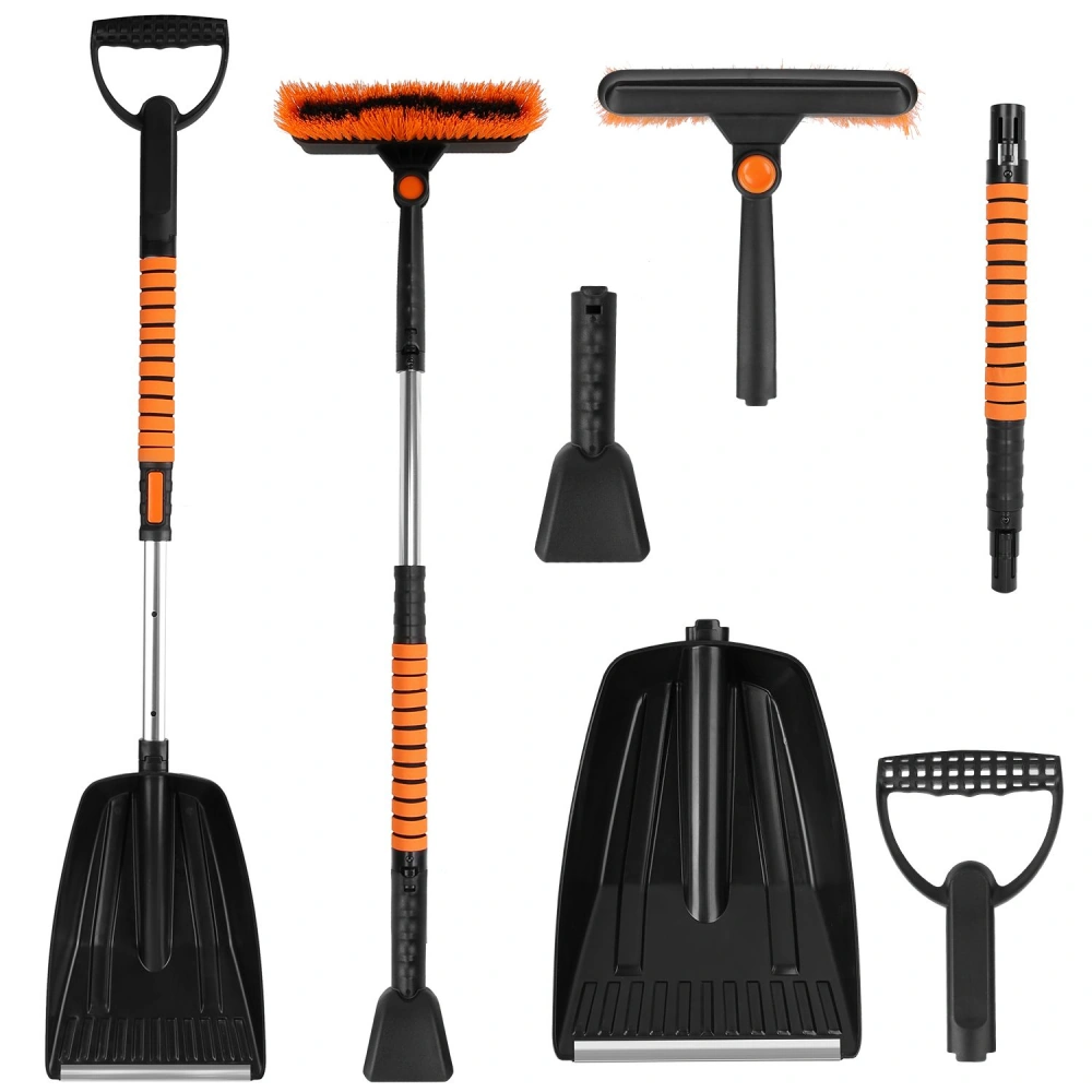 Various snow removal tools including a shovel, snow brush, and scraper with bright orange and black accents, designed for effective winter cleaning.