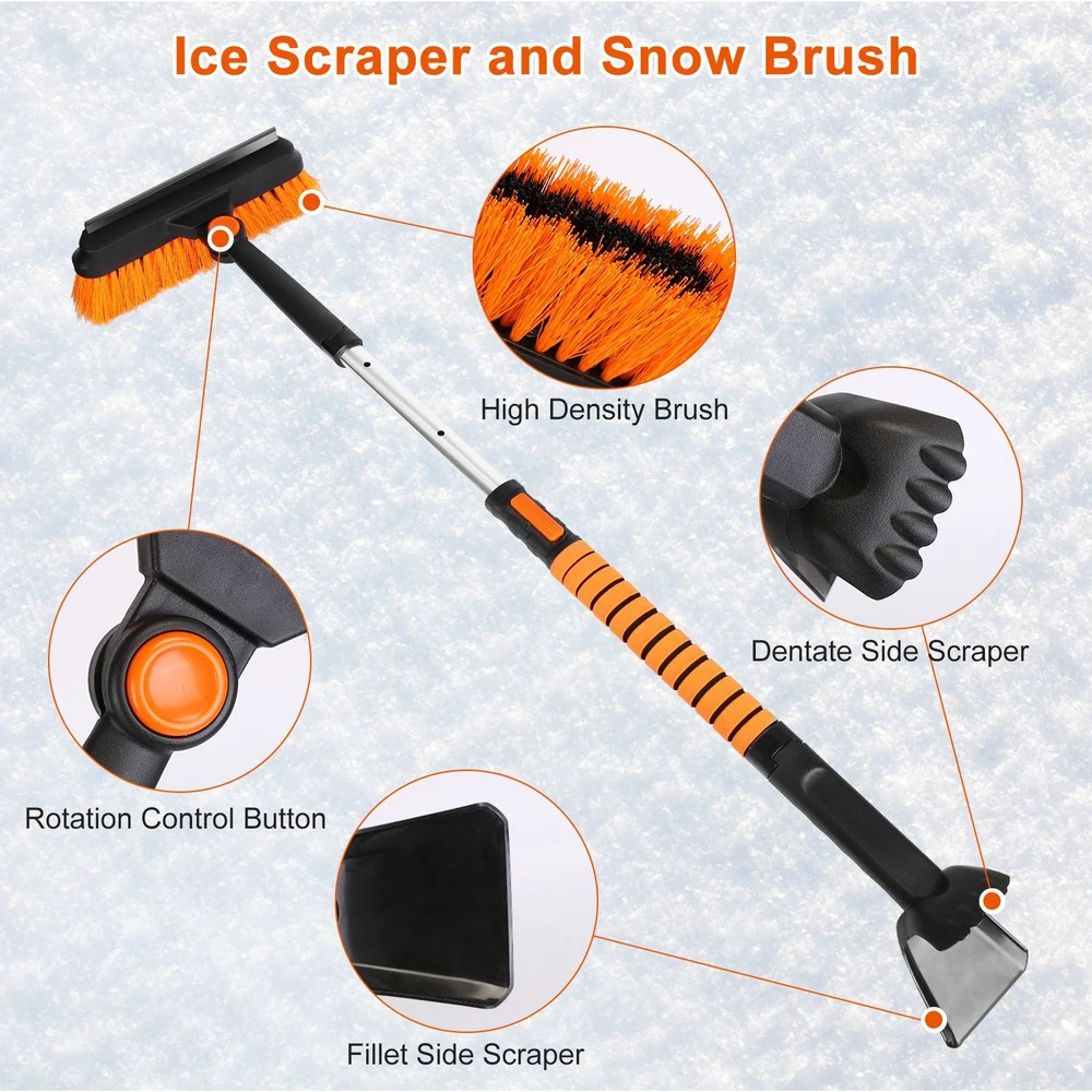 Ice scraper and snow brush with high-density bristles, featuring a rotation control button, dentate side scraper, and fillet side scraper, designed for efficient winter car maintenance in snowy conditions.