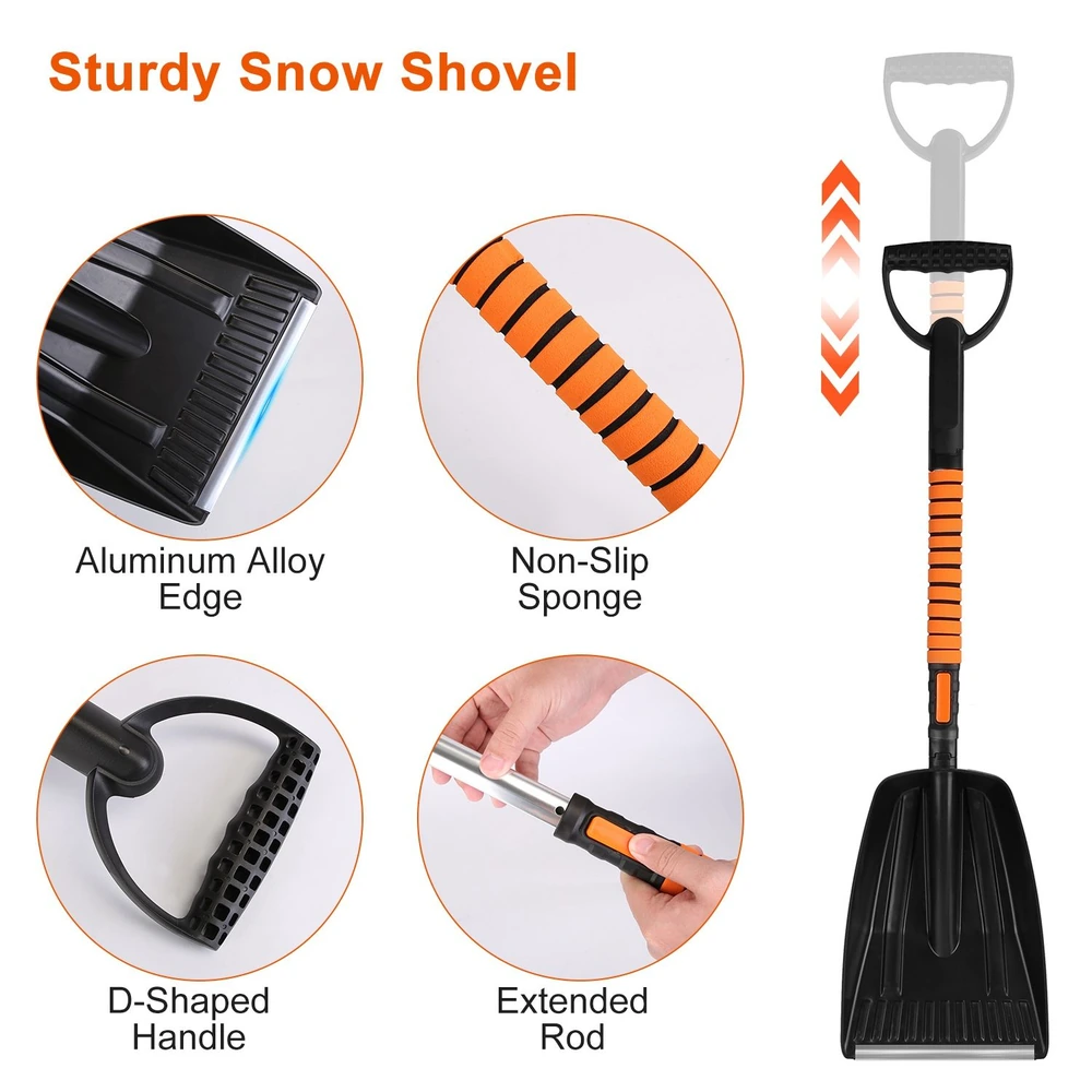 Sturdy snow shovel featuring an aluminum alloy edge, non-slip sponge handle, D-shaped grip, and an extendable rod for efficient snow removal.