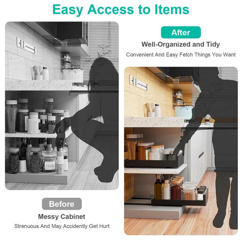 Before and after comparison of a kitchen cabinet showing cluttered shelves on the left and organized, accessible storage on the right, illustrating improved efficiency and ease of access to kitchen items.