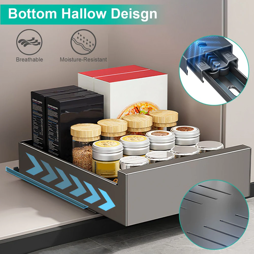 Moisture-resistant kitchen storage drawer organizer with breathable design, featuring jars and containers for spices and snacks, showcasing a hallow bottom for effective airflow.