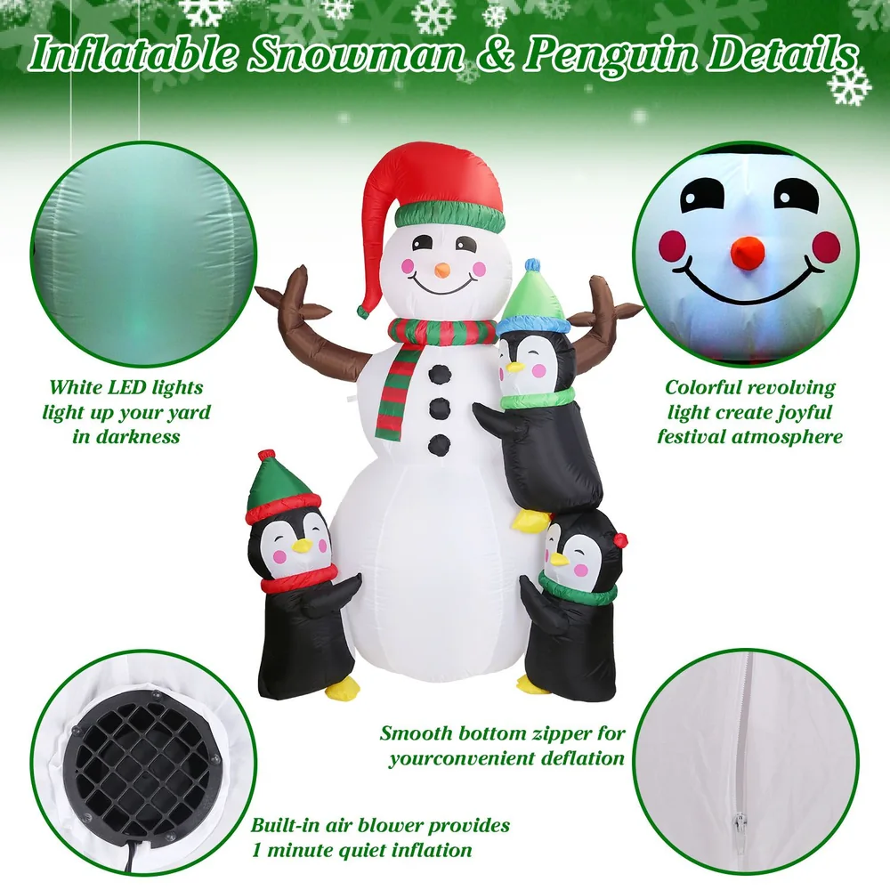 Inflatable Christmas snowman wearing a red and green scarf and hat, flanked by two adorable penguins, all illuminated with white LED lights, showcasing holiday cheer and festive details.