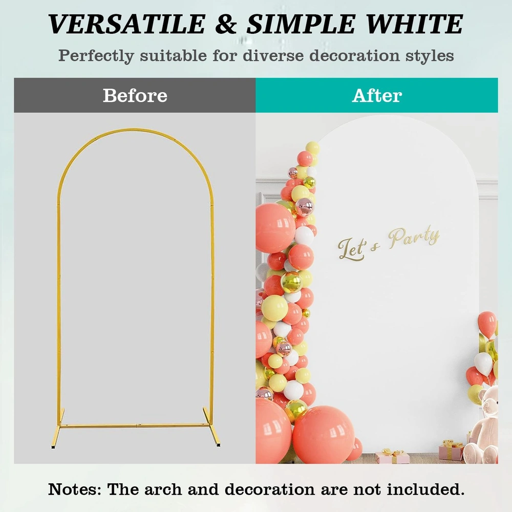 Before and after image showing a versatile party backdrop: left side features a simple yellow arch, while the right side showcases a decorated white wall with colorful balloons and the text "Let's Party."
