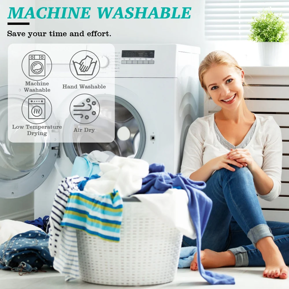 Laundry area featuring a woman relaxing beside a washing machine and a basket overflowing with colorful clothes, illustrating features of machine washable and easy care options.