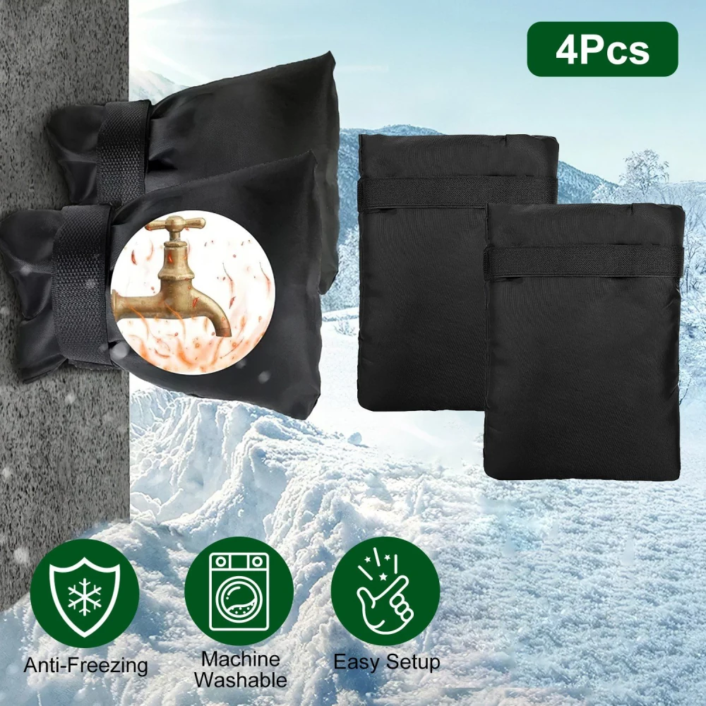 Black anti-freezing faucet covers for winter protection, set of 4, featuring machine washable fabric and easy setup, against a snowy background.