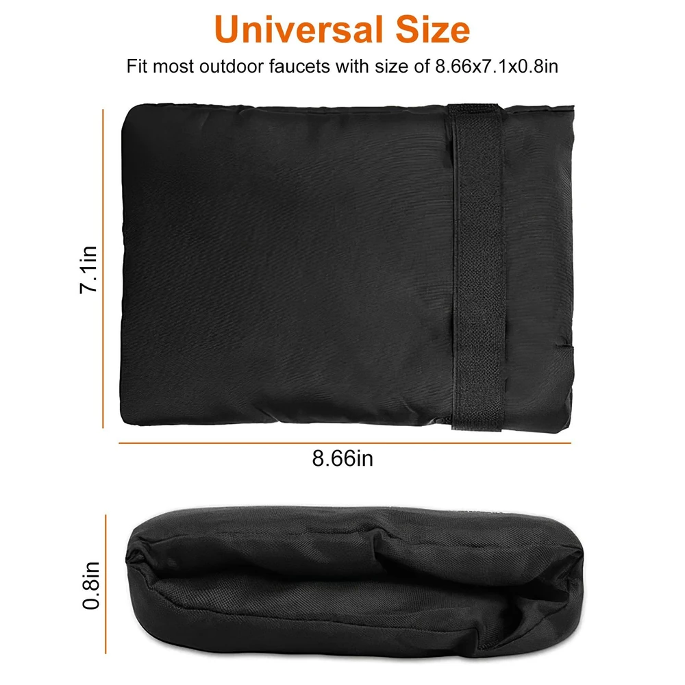 Universal outdoor faucet cover in black measuring 8.66in x 7.1in x 0.8in, designed to protect garden faucets from freezing temperatures.