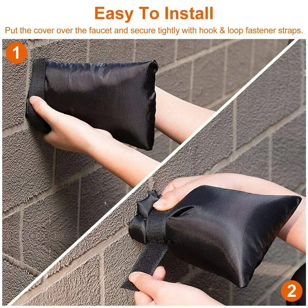 Hands installing a black faucet cover with hook and loop straps on a textured wall, demonstrating easy installation steps for outdoor faucet protection.