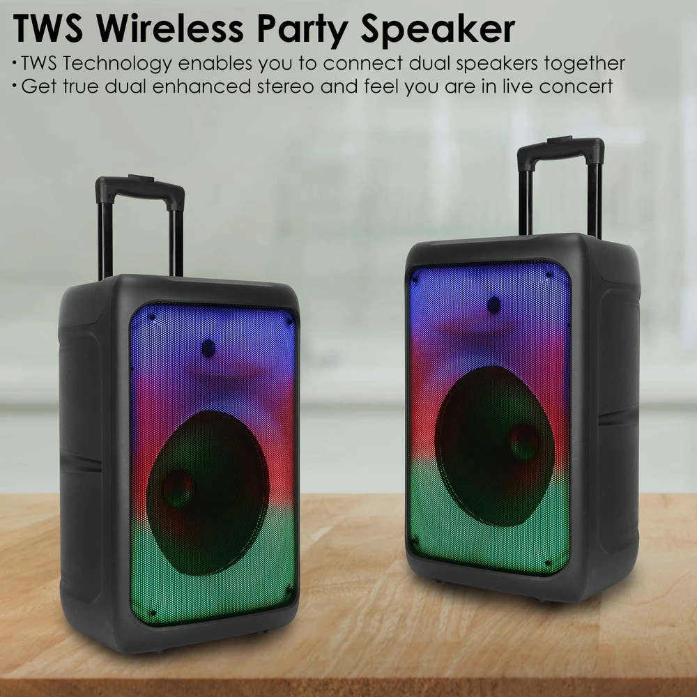 TWS Wireless Party Speaker with TWS Technology, showcasing dual colorful LED lights and a portable design with wheels for easy transport, ideal for enhanced stereo music experience.