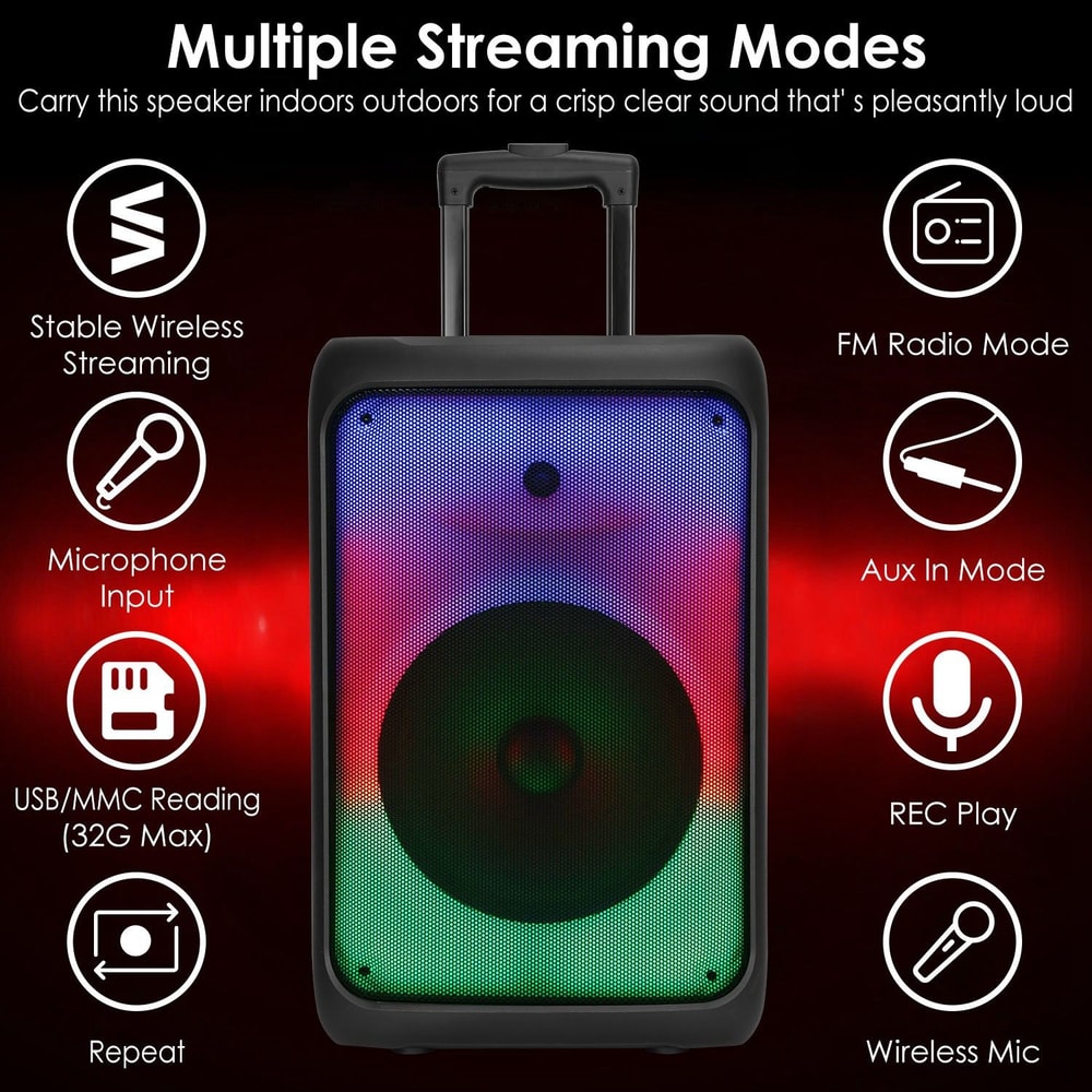 Portable Bluetooth speaker with colorful LED lights, designed for indoor and outdoor use; features include stable wireless streaming, microphone input, FM radio, Aux input, USB/MMC reading, recording playback, and a wireless microphone.