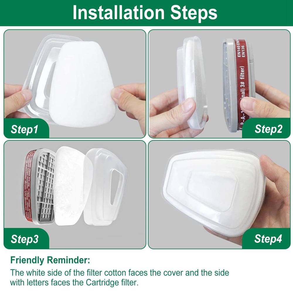 Installation steps for a mask filter replacement showing hands placing the filter into the mask, ensuring proper orientation for optimal performance.