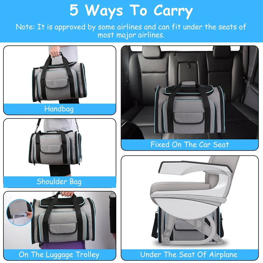 Stylish pet carrier bag shown in five carry options: as a handbag, fixed on a car seat, as a shoulder bag, on a luggage trolley, and placed under an airplane seat, highlighting its versatility and airline approval for ease of travel.