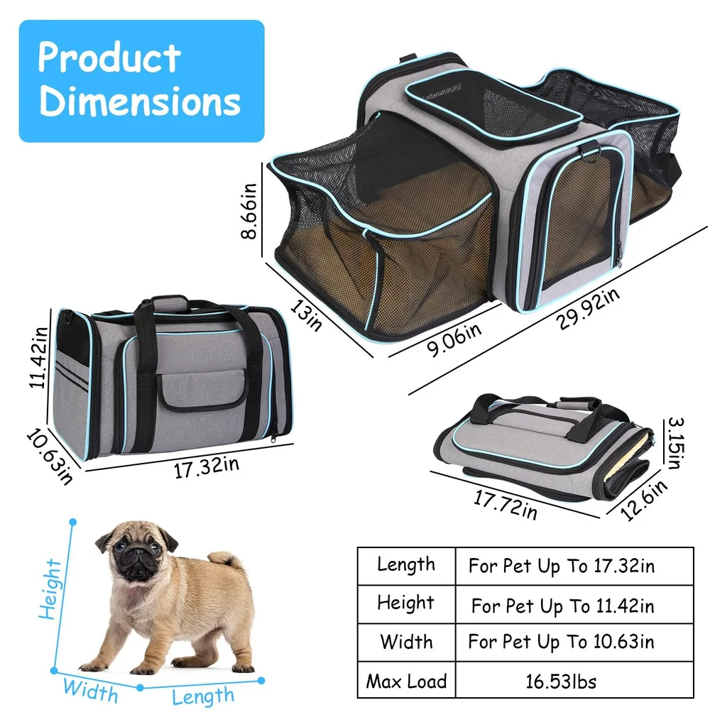 Gray pet carrier bag dimensions with mesh pockets, suitable for pets up to 17.32 inches long, displaying measurements for height, width, and load capacity, alongside a cute pug for size reference.
